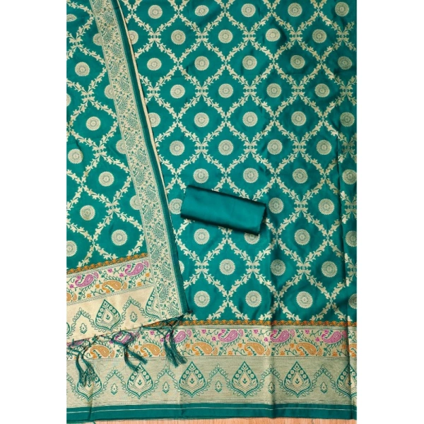 Shopnav Women's Banarasi Silk Printed Unstitched Salwar Suit Material With Dupatta (Rama, 3Mtrs)