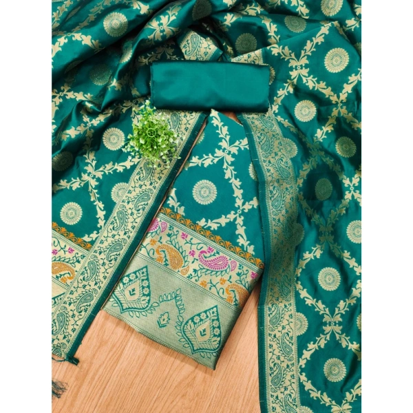 Shopnav Women's Banarasi Silk Printed Unstitched Salwar Suit Material With Dupatta (Rama, 3Mtrs)