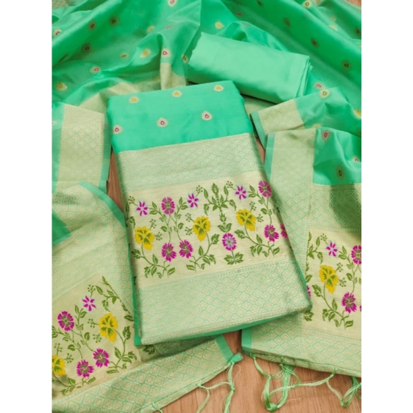Shopnav Women's Banarasi Silk Printed Unstitched Salwar Suit Material With Dupatta (Sea Green, 3Mtrs)