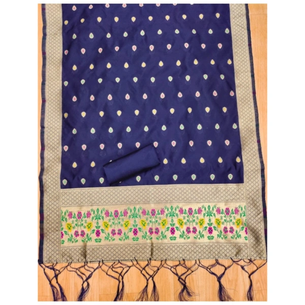 Shopnav Women's Banarasi Silk Printed Unstitched Salwar Suit Material With Dupatta (Navy Blue, 3Mtrs)