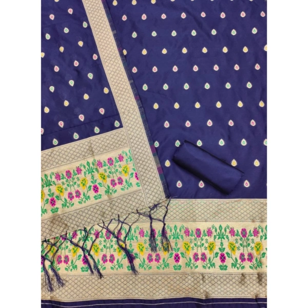 Shopnav Women's Banarasi Silk Printed Unstitched Salwar Suit Material With Dupatta (Navy Blue, 3Mtrs)