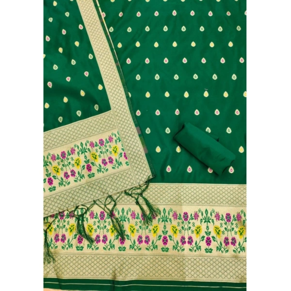 Shopnav Women's Banarasi Silk Printed Unstitched Salwar Suit Material With Dupatta (Bottle Green, 3Mtrs)