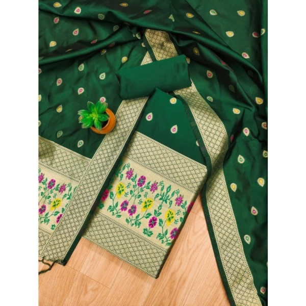 Shopnav Women's Banarasi Silk Printed Unstitched Salwar Suit Material With Dupatta (Bottle Green, 3Mtrs)