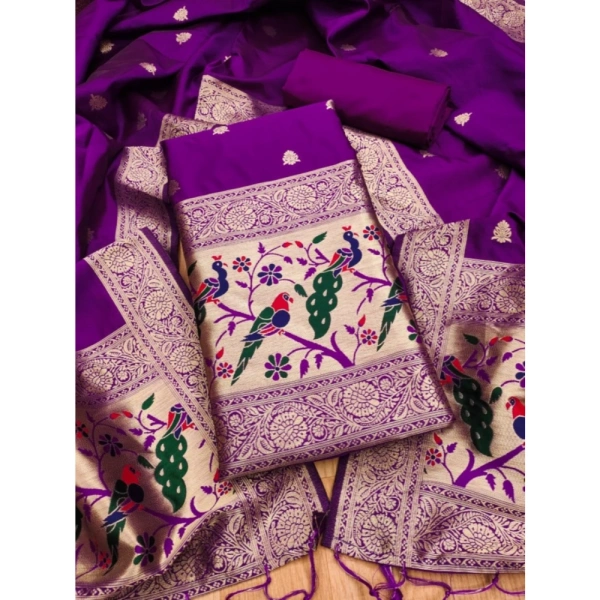 Shopnav Women's Banarasi Silk Printed Unstitched Salwar Suit Material With Dupatta (Purple, 3Mtrs)