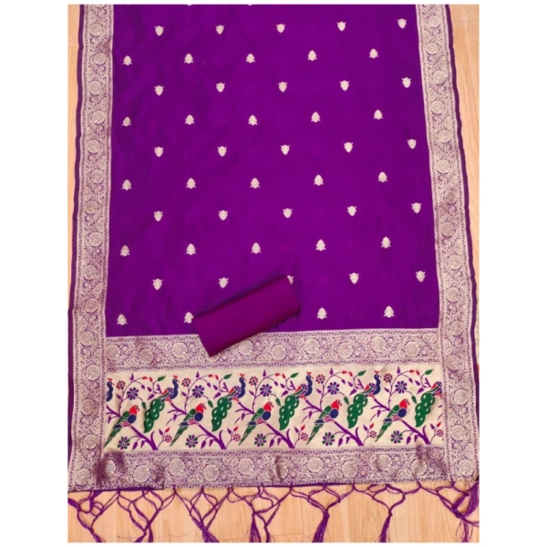 Shopnav Women's Banarasi Silk Printed Unstitched Salwar Suit Material With Dupatta (Purple, 3Mtrs)