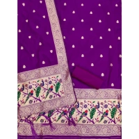 Shopnav Women's Banarasi Silk Printed Unstitched Salwar Suit Material With Dupatta (Purple, 3Mtrs)
