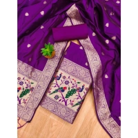Shopnav Women's Banarasi Silk Printed Unstitched Salwar Suit Material With Dupatta (Purple, 3Mtrs)