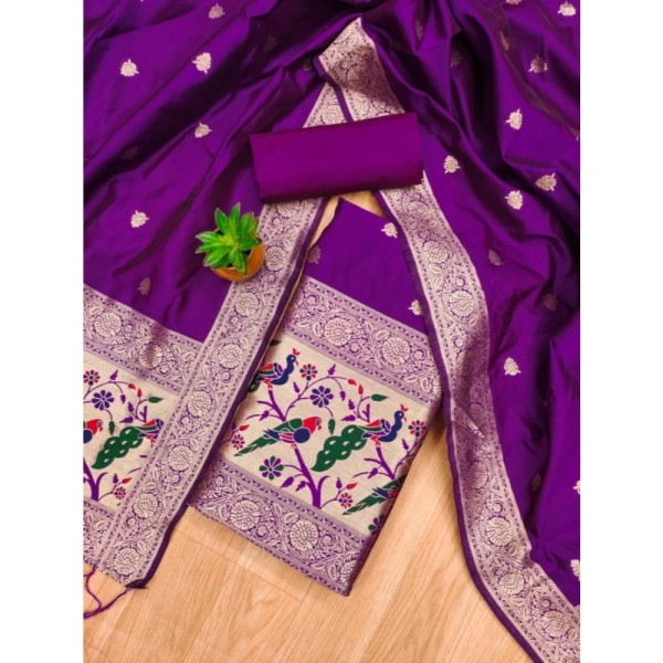 Shopnav Women's Banarasi Silk Printed Unstitched Salwar Suit Material With Dupatta (Purple, 3Mtrs)