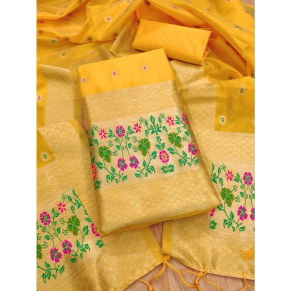 Shopnav Women's Banarasi Silk Printed Unstitched Salwar Suit Material With Dupatta (Yellow, 3Mtrs)
