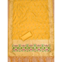 Shopnav Women's Banarasi Silk Printed Unstitched Salwar Suit Material With Dupatta (Yellow, 3Mtrs)