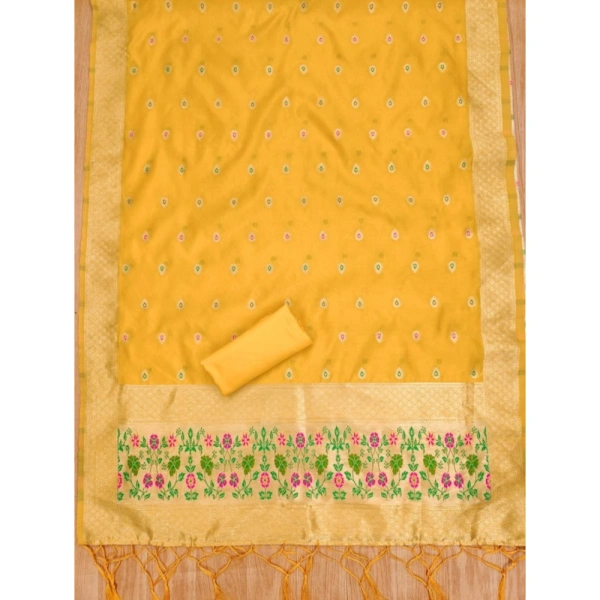 Shopnav Women's Banarasi Silk Printed Unstitched Salwar Suit Material With Dupatta (Yellow, 3Mtrs)
