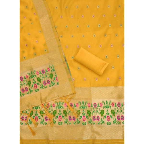 Shopnav Women's Banarasi Silk Printed Unstitched Salwar Suit Material With Dupatta (Yellow, 3Mtrs)