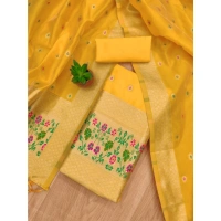 Shopnav Women's Banarasi Silk Printed Unstitched Salwar Suit Material With Dupatta (Yellow, 3Mtrs)