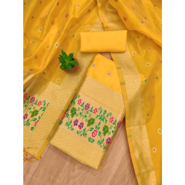 Shopnav Women's Banarasi Silk Printed Unstitched Salwar Suit Material With Dupatta (Yellow, 3Mtrs)