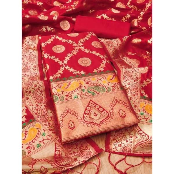 Shopnav Women's Banarasi Silk Printed Unstitched Salwar Suit Material With Dupatta (Red, 3Mtrs)