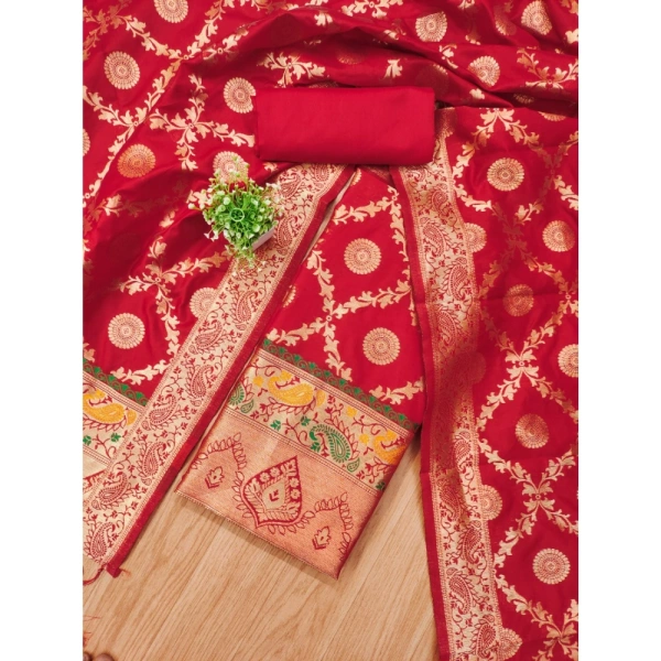 Shopnav Women's Banarasi Silk Printed Unstitched Salwar Suit Material With Dupatta (Red, 3Mtrs)