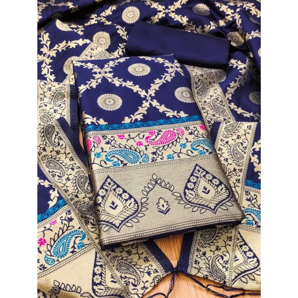 Shopnav Women's Banarasi Silk Printed Unstitched Salwar Suit Material With Dupatta (Navy Blue, 3Mtrs)