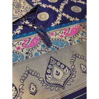 Shopnav Women's Banarasi Silk Printed Unstitched Salwar Suit Material With Dupatta (Navy Blue, 3Mtrs)