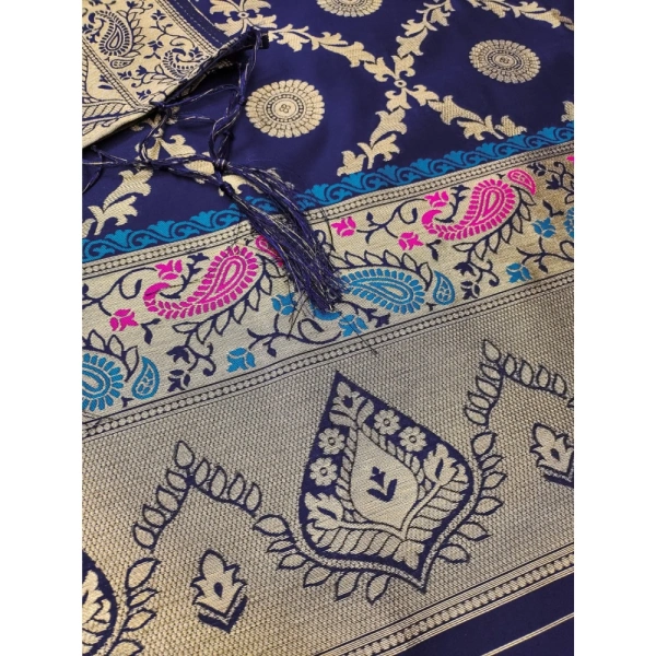 Shopnav Women's Banarasi Silk Printed Unstitched Salwar Suit Material With Dupatta (Navy Blue, 3Mtrs)
