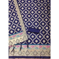 Shopnav Women's Banarasi Silk Printed Unstitched Salwar Suit Material With Dupatta (Navy Blue, 3Mtrs)
