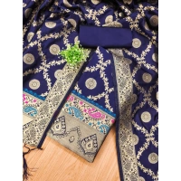 Shopnav Women's Banarasi Silk Printed Unstitched Salwar Suit Material With Dupatta (Navy Blue, 3Mtrs)