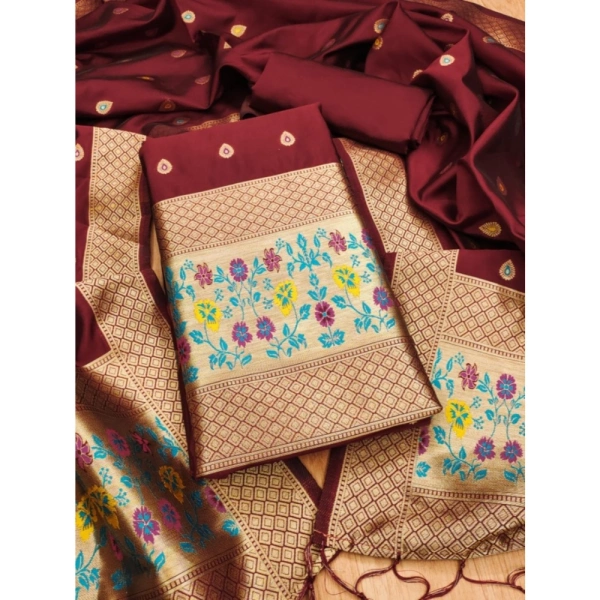 Shopnav Women's Banarasi Silk Printed Unstitched Salwar Suit Material With Dupatta (Maroon, 3Mtrs)