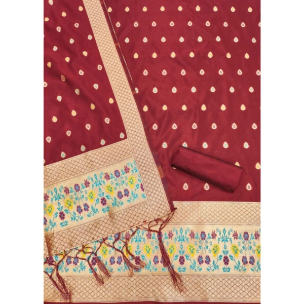Shopnav Women's Banarasi Silk Printed Unstitched Salwar Suit Material With Dupatta (Maroon, 3Mtrs)