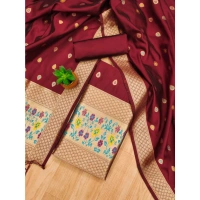 Shopnav Women's Banarasi Silk Printed Unstitched Salwar Suit Material With Dupatta (Maroon, 3Mtrs)