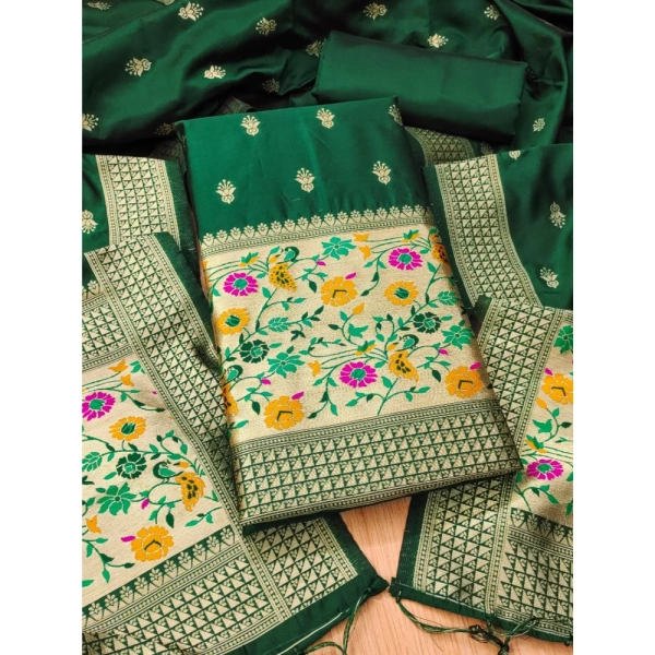 Shopnav Women's Banarasi Silk Printed Unstitched Salwar Suit Material With Dupatta (Bottle Green, 3Mtrs)