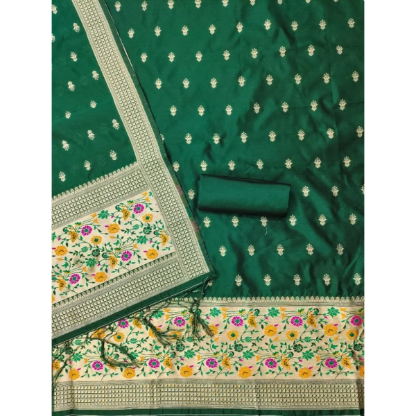 Shopnav Women's Banarasi Silk Printed Unstitched Salwar Suit Material With Dupatta (Bottle Green, 3Mtrs)
