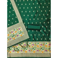Shopnav Women's Banarasi Silk Printed Unstitched Salwar Suit Material With Dupatta (Bottle Green, 3Mtrs)