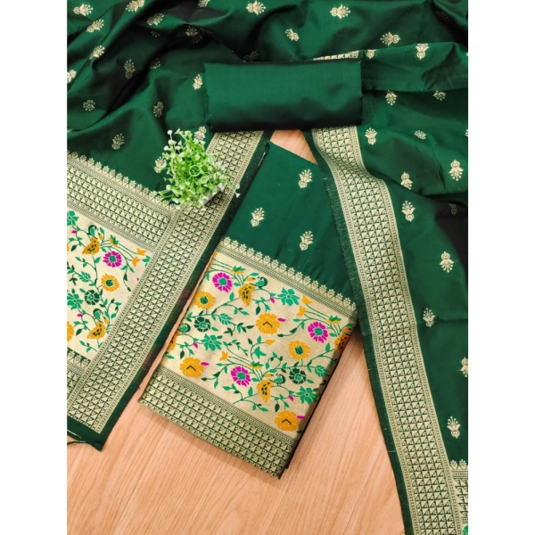 Shopnav Women's Banarasi Silk Printed Unstitched Salwar Suit Material With Dupatta (Bottle Green, 3Mtrs)