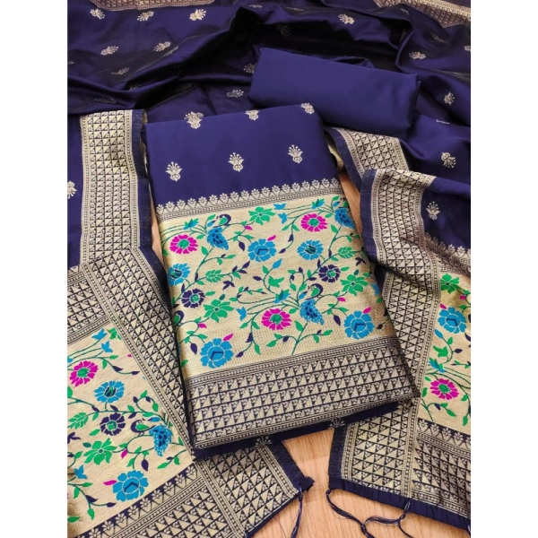 Shopnav Women's Banarasi Silk Printed Unstitched Salwar Suit Material With Dupatta (Navy Blue, 3Mtrs)