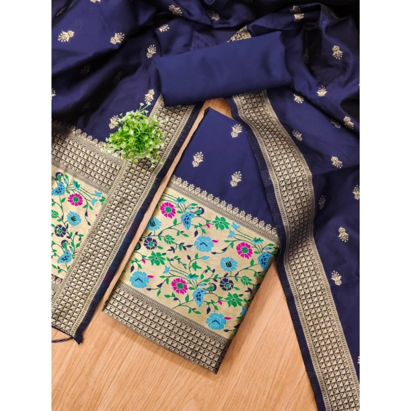 Shopnav Women's Banarasi Silk Printed Unstitched Salwar Suit Material With Dupatta (Navy Blue, 3Mtrs)