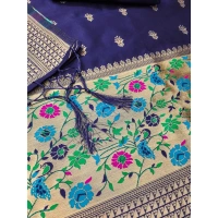Shopnav Women's Banarasi Silk Printed Unstitched Salwar Suit Material With Dupatta (Navy Blue, 3Mtrs)