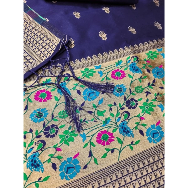 Shopnav Women's Banarasi Silk Printed Unstitched Salwar Suit Material With Dupatta (Navy Blue, 3Mtrs)