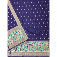 Shopnav Women's Banarasi Silk Printed Unstitched Salwar Suit Material With Dupatta (Navy Blue, 3Mtrs)