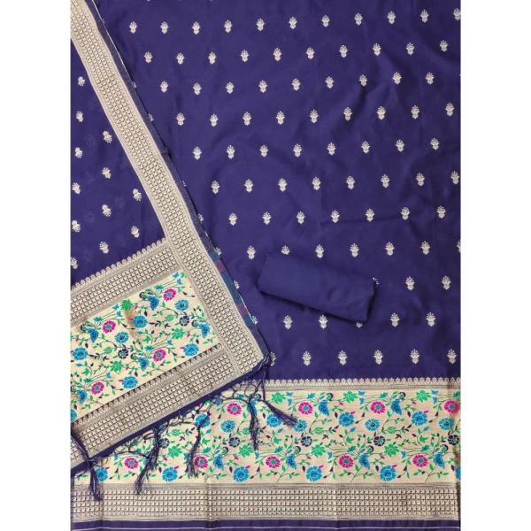 Shopnav Women's Banarasi Silk Printed Unstitched Salwar Suit Material With Dupatta (Navy Blue, 3Mtrs)