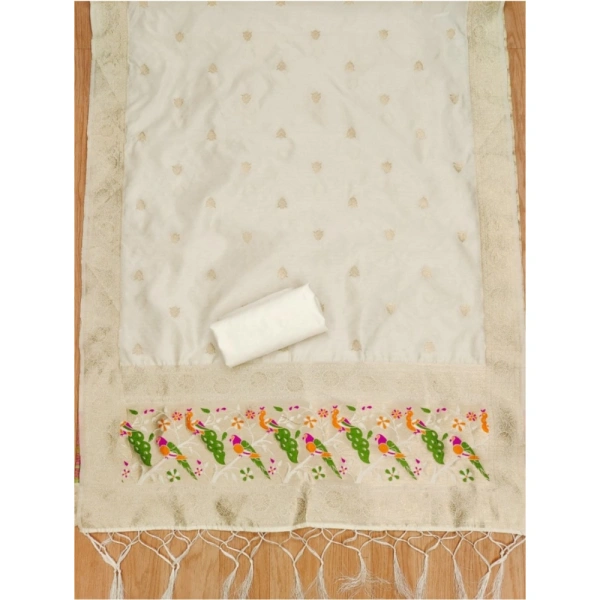 Shopnav Women's Banarasi Silk Printed Unstitched Salwar Suit Material With Dupatta (White, 3Mtrs)