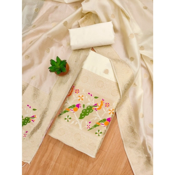 Shopnav Women's Banarasi Silk Printed Unstitched Salwar Suit Material With Dupatta (White, 3Mtrs)