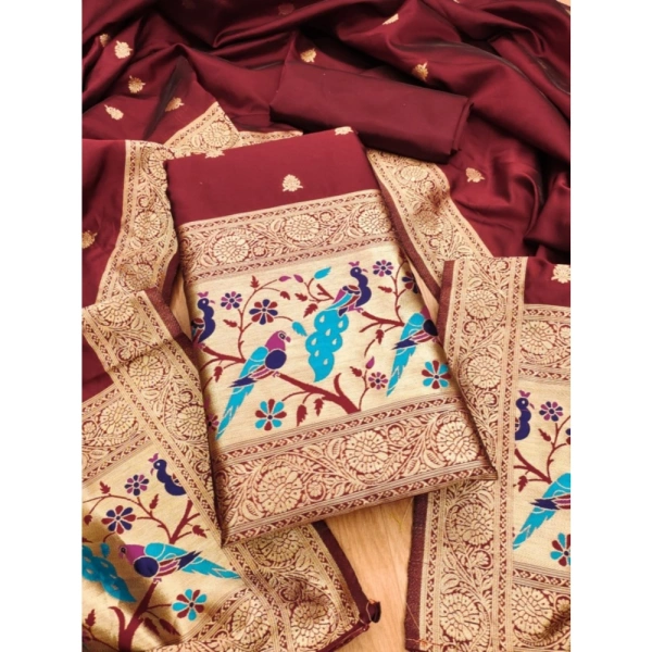 Shopnav Women's Banarasi Silk Printed Unstitched Salwar Suit Material With Dupatta (Maroon, 3Mtrs)
