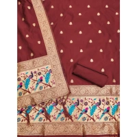 Shopnav Women's Banarasi Silk Printed Unstitched Salwar Suit Material With Dupatta (Maroon, 3Mtrs)