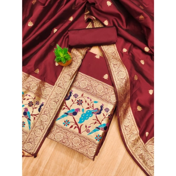 Shopnav Women's Banarasi Silk Printed Unstitched Salwar Suit Material With Dupatta (Maroon, 3Mtrs)