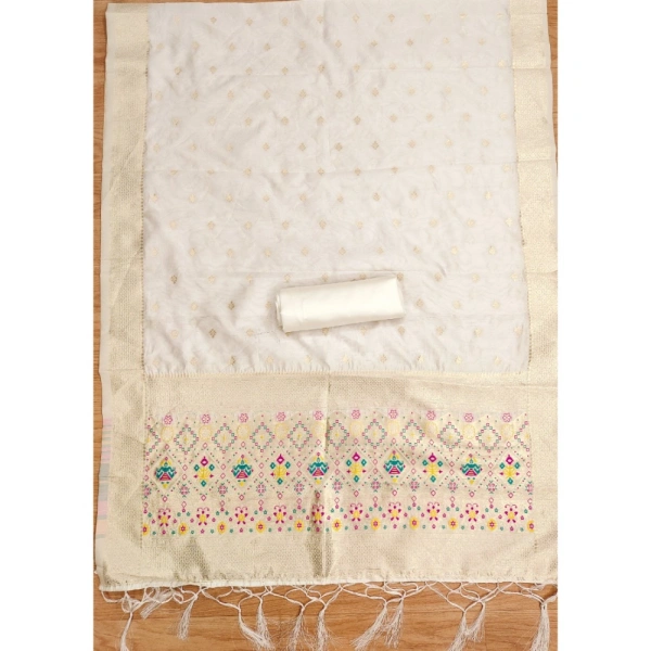 Shopnav Women's Banarasi Silk Printed Unstitched Salwar Suit Material With Dupatta (White, 3Mtrs)