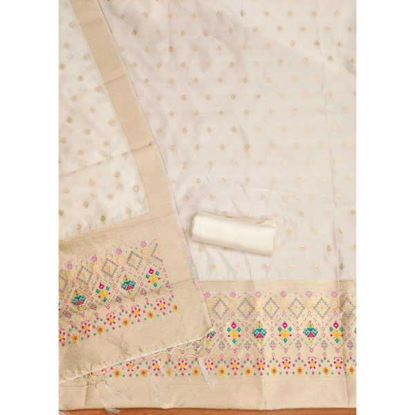 Shopnav Women's Banarasi Silk Printed Unstitched Salwar Suit Material With Dupatta (White, 3Mtrs)