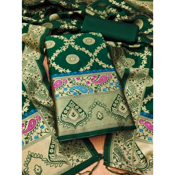 Shopnav Women's Banarasi Silk Printed Unstitched Salwar Suit Material With Dupatta (Bottle Green, 3Mtrs)