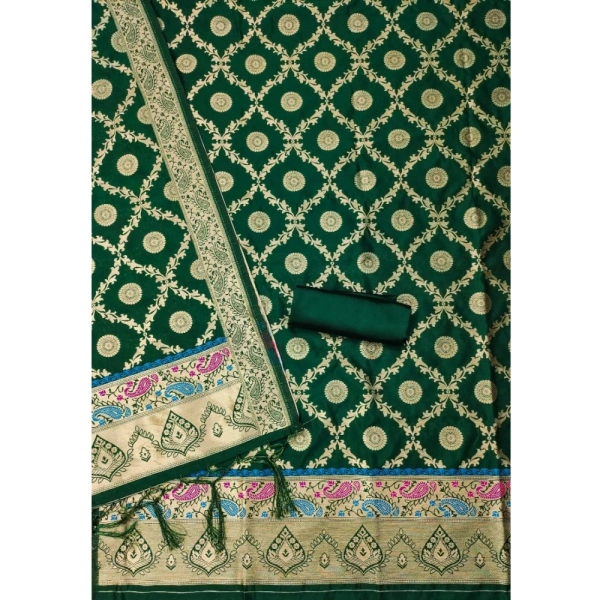 Shopnav Women's Banarasi Silk Printed Unstitched Salwar Suit Material With Dupatta (Bottle Green, 3Mtrs)