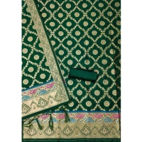 Shopnav Women's Banarasi Silk Printed Unstitched Salwar Suit Material With Dupatta (Bottle Green, 3Mtrs)