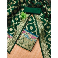 Shopnav Women's Banarasi Silk Printed Unstitched Salwar Suit Material With Dupatta (Bottle Green, 3Mtrs)