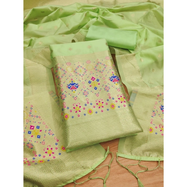 Shopnav Women's Banarasi Silk Printed Unstitched Salwar Suit Material With Dupatta (Pista, 3Mtrs)